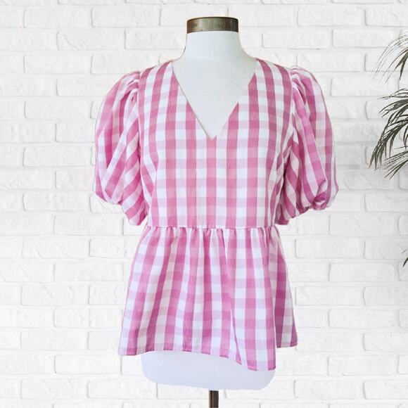 CROSBY Mollie Burch Jackie Puff Sleeve V-neck Top Medium Pink White Gingham - Picture 2 of 10